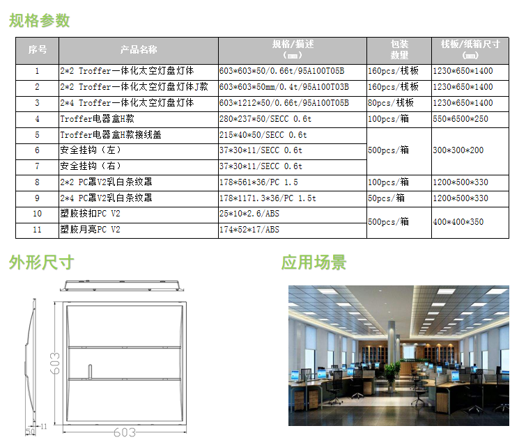 Troffer一体化太空灯盘套件2*2